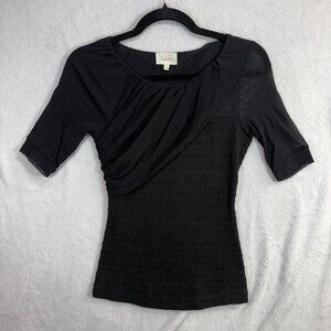 Deletta XS Black Mesh Top Smocked Ruched Bodycon Femme Goth‎ Luxe Romantic Sexy